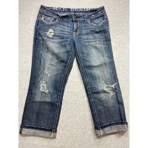 MEK Jeans Womens 28 Blue Distressed Crop Capri Embellished Pocket Mid Rise Stret